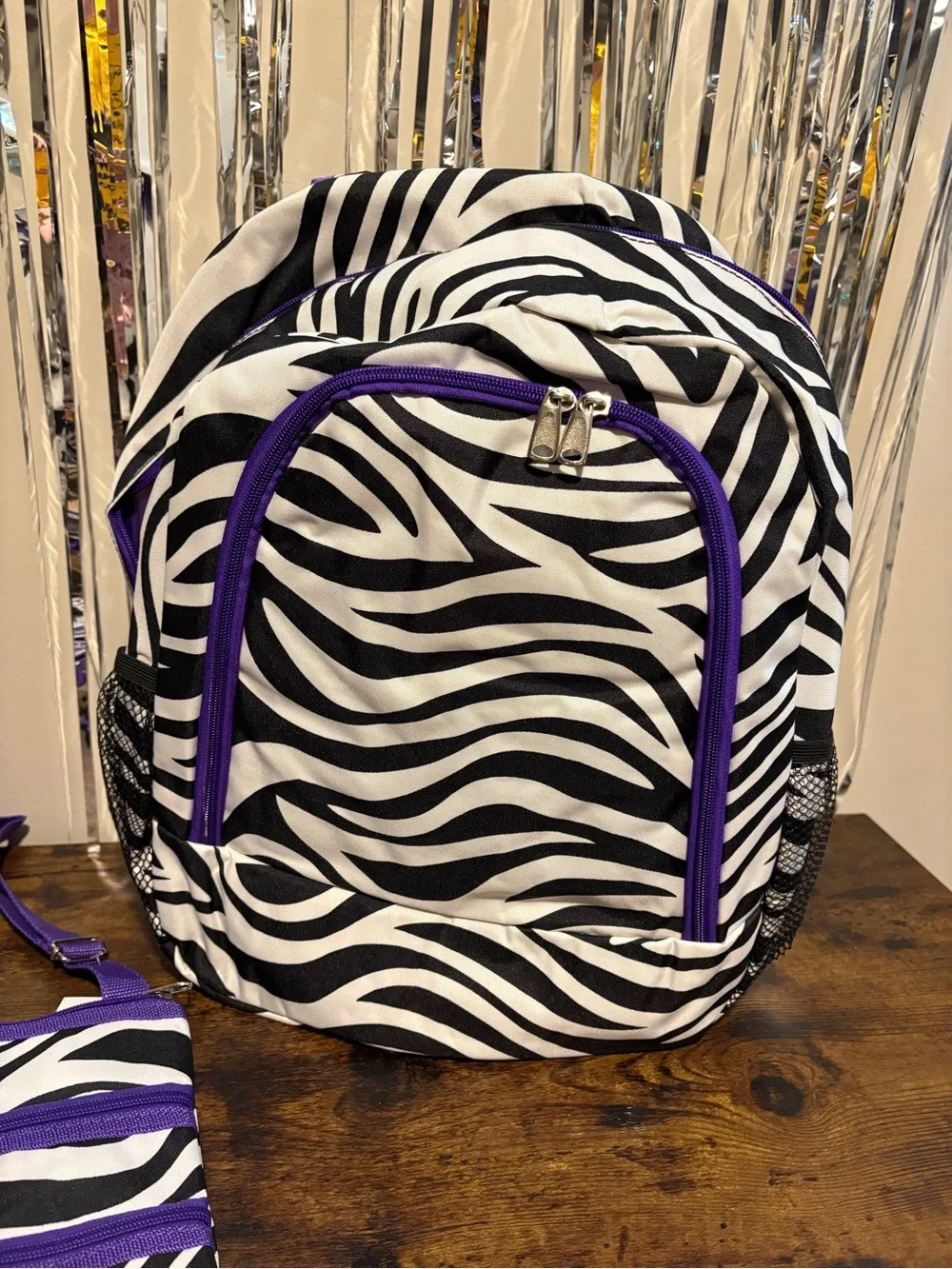Zebra Print Full-Size Backpack & Crossbody Set with Purple Trim